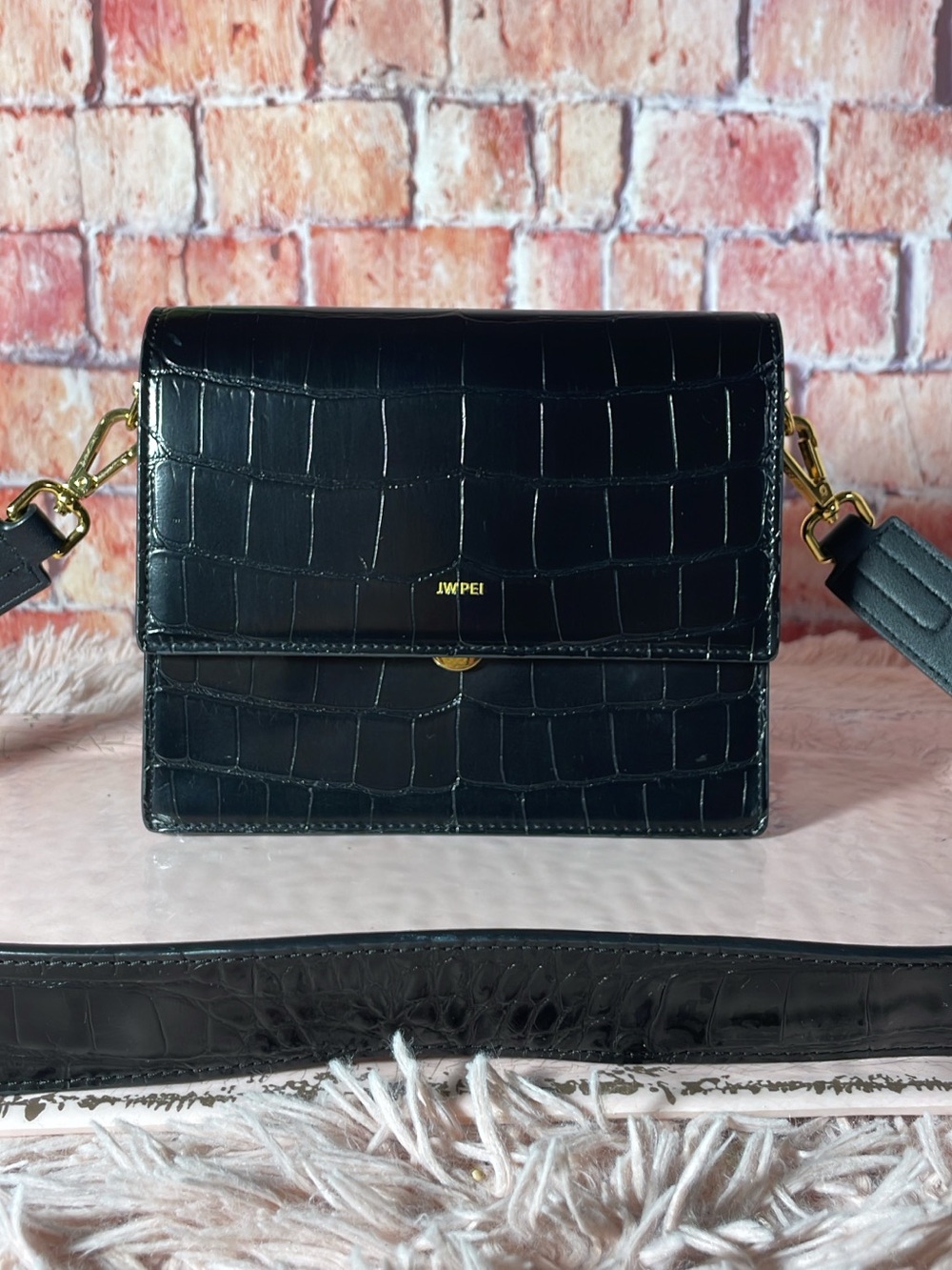 JW PEI Black Croc-Embossed Crossbody with Gold Hardware